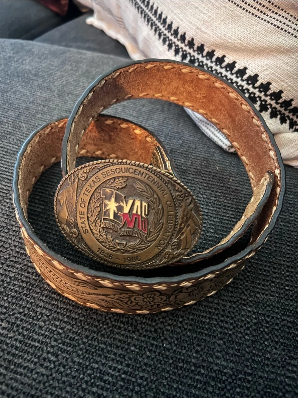 Brown Tooled Leather Men’s Belt with Commemorative Brass Buckle
